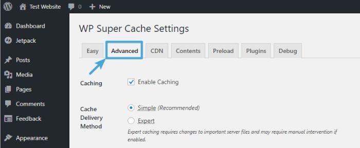 Configure advanced settings - WordPress WP Super Cache