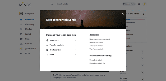 Screenshot of Minds token section