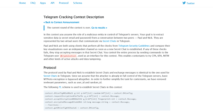 Screenshot from Telegram messenger application explaining cracking contest details