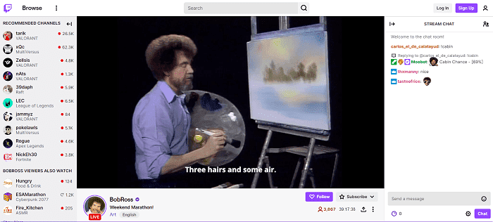 Screenshot of Bob Ross painting on a live Twitch channel