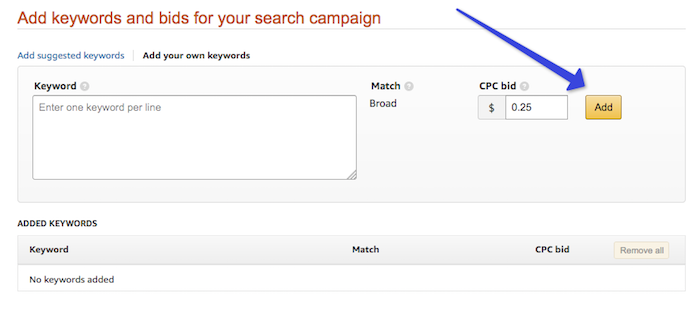 Set bid price for your keywords